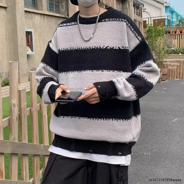 

Striped Harajuku Oversized Sweater Autumn Japanese Style Round Neck Spliced Color Loose Couples Hip Hop Knitted Sweaters