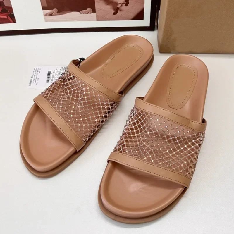 Women Summer Flat Slippers Bright Rhinstones Mesh Designer Luxury Female Beach Shoes Outdoor Walking Ladies Big Size Slides