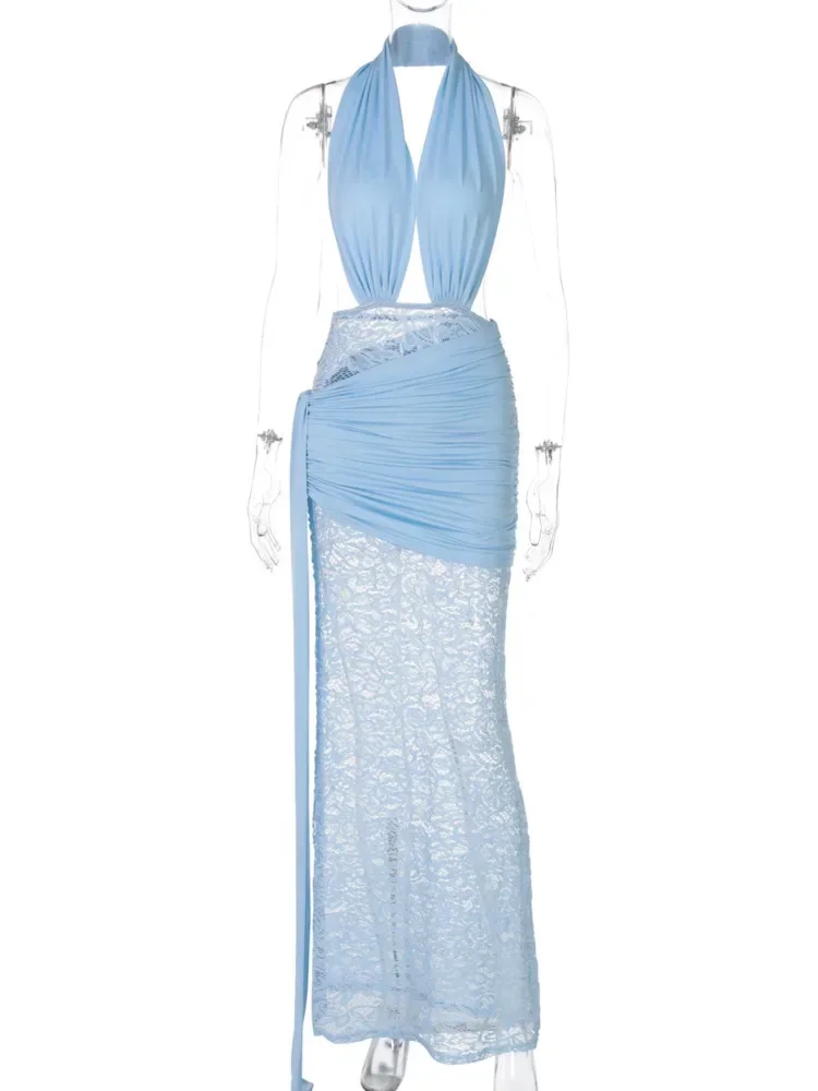 Chaxiaoaเซ็กซี่แขวนคอBackless Bodycon Party Clubชุดราตรีผู้หญิง2025ฤดูใบไม้ผลิ/ฤดูร้อนใหม่Elegant Lace Patchworkชุด