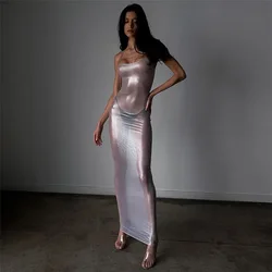 See-Through Sexy Silver Long Dress Spaghetti Strap Y2K Club Party Dress Sleeveless Streetwear Bodycon Dress Maxi Dress For Women