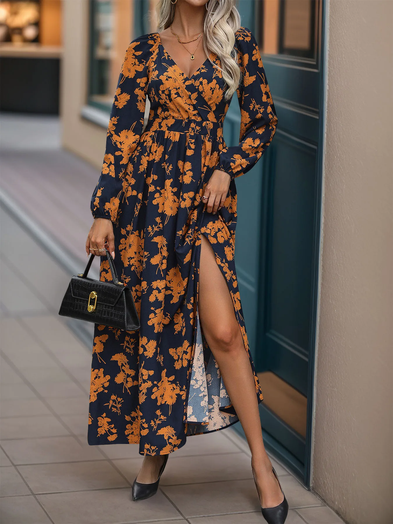 Autumn Women's Long Sleeve V-Neck Floral Printed Dress High Waist Split Midi Dress Elegant Vintage Casual Party Daily Wear Dress