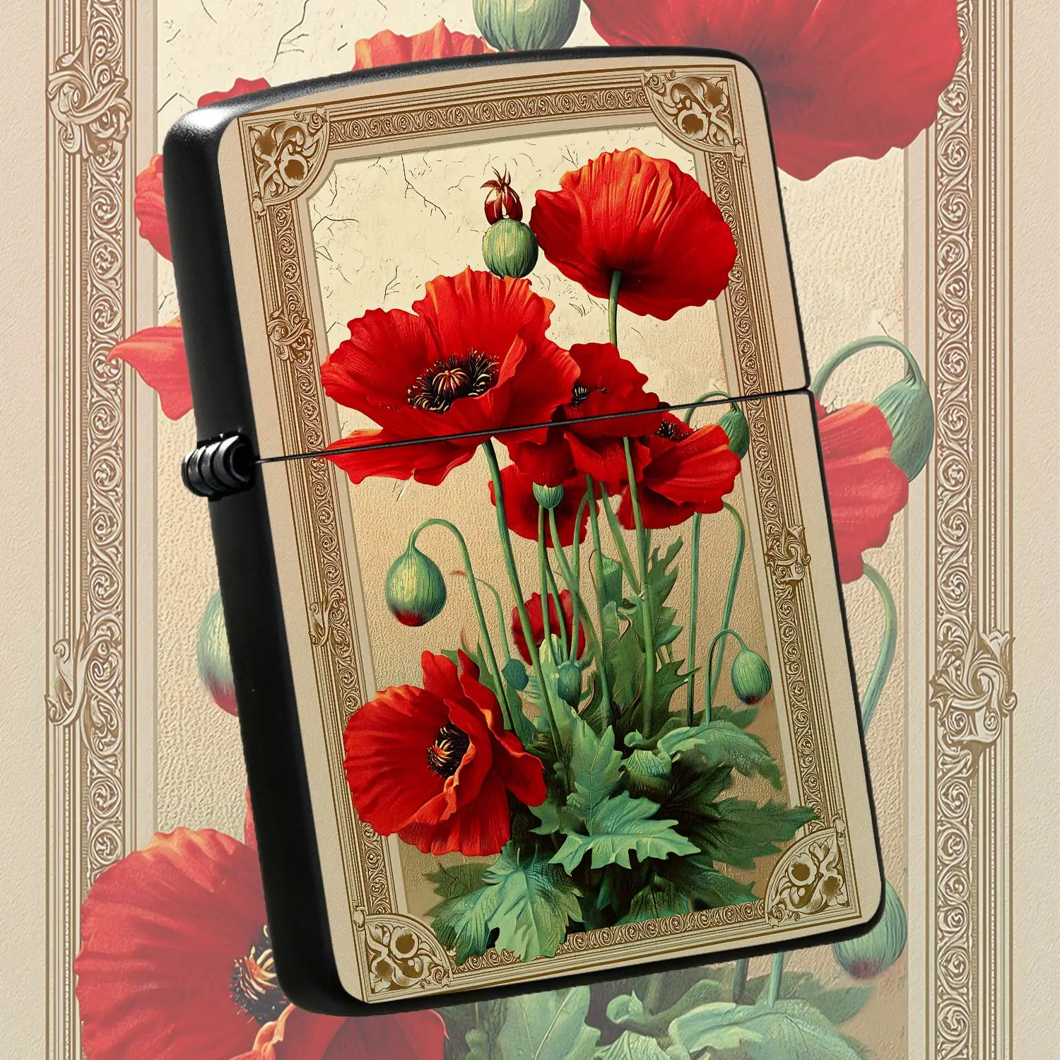 Vintageart Pattern Lighter Ornate Gold Embossed Decorative Frame Vivid Red Floral Artwork Exquisite Retro Craftsmanship Portable Practical Accessory For Daily Use Outdoor Camping Travel Gathering Elegant Aesthetic Decor A Humorous And Inter