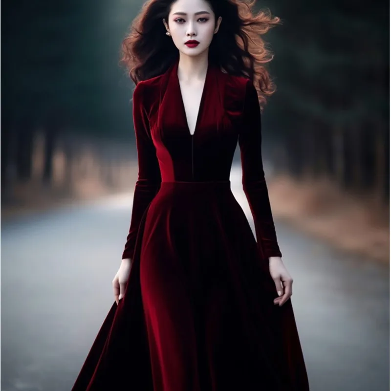 Temperament banquet super beautiful Hepburn style wine red velvet dress