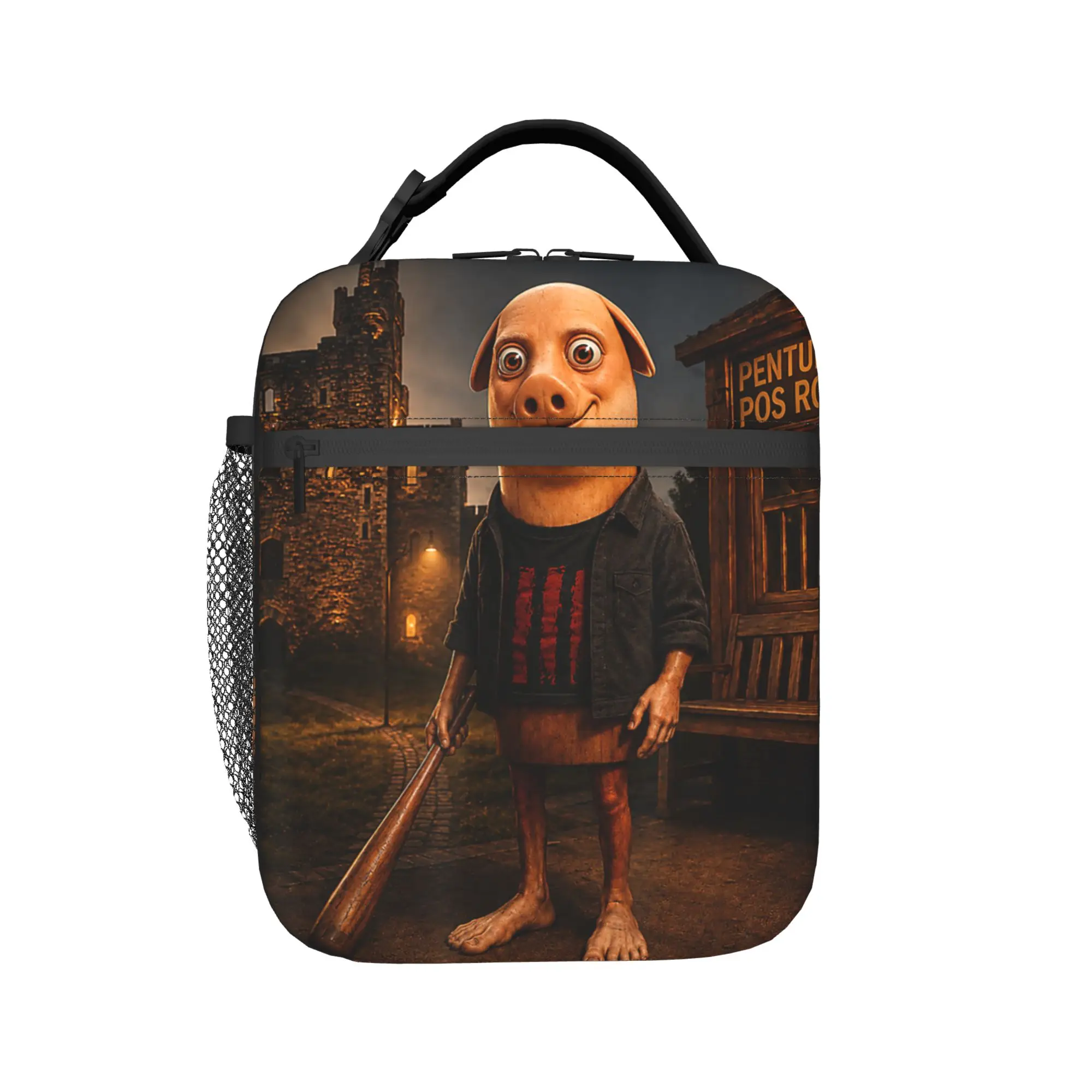Tung Tung John Pork Funny Parody Brainrot Meme Lunch Bag Portable Lunch Box Men School Custom Cooler Bag Thermal Tote Handbags