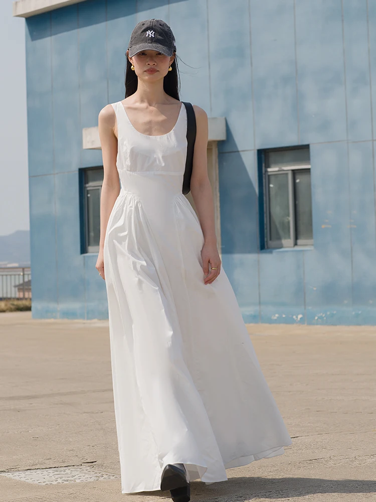 

Lumbinibi White Svel Bal Long Dr Artistic Sle Simple Ele A-Line Cotton Summer Dr High Waist U-Ne