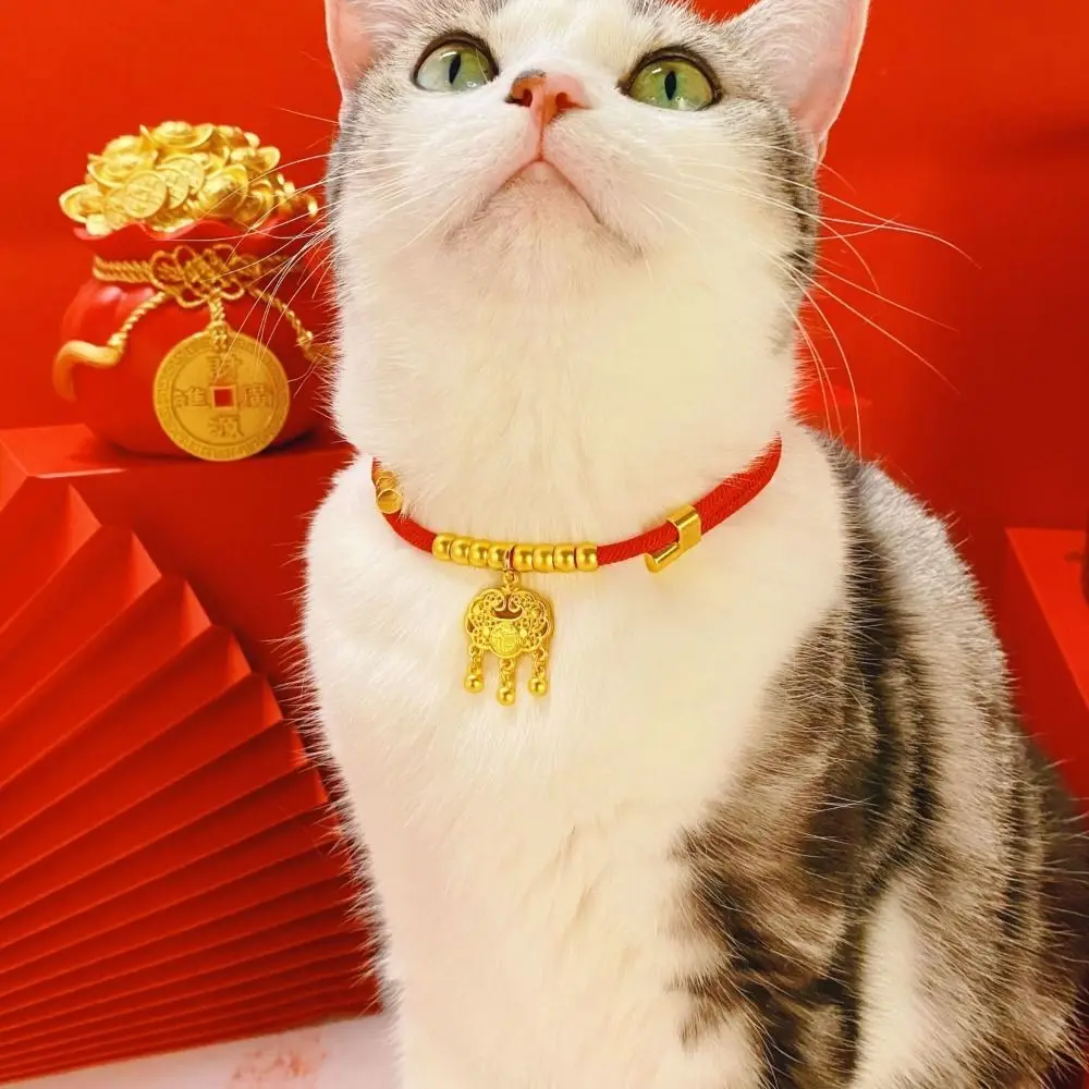 

Traditional Pet Weave Longevity Golden Lock Chinese Style Alloy/Polyester Handmade Cat Collar Hand Knit Cat Collar Adjustable
