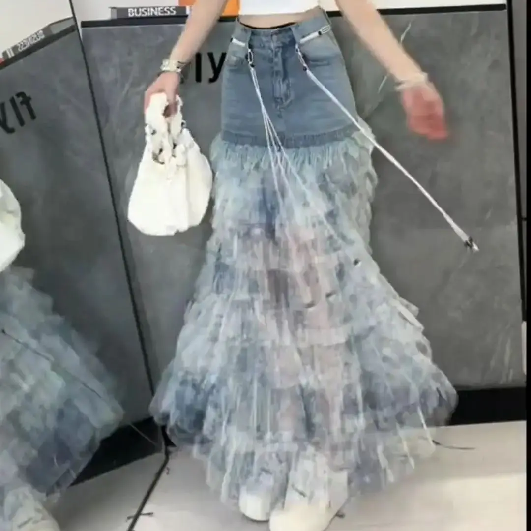 Blue Tie-Dye Denim Spliced ​​Skirt Women Summer New Fashionable Cake Skirt Versatile Fashionable Slim A-Line Skirt