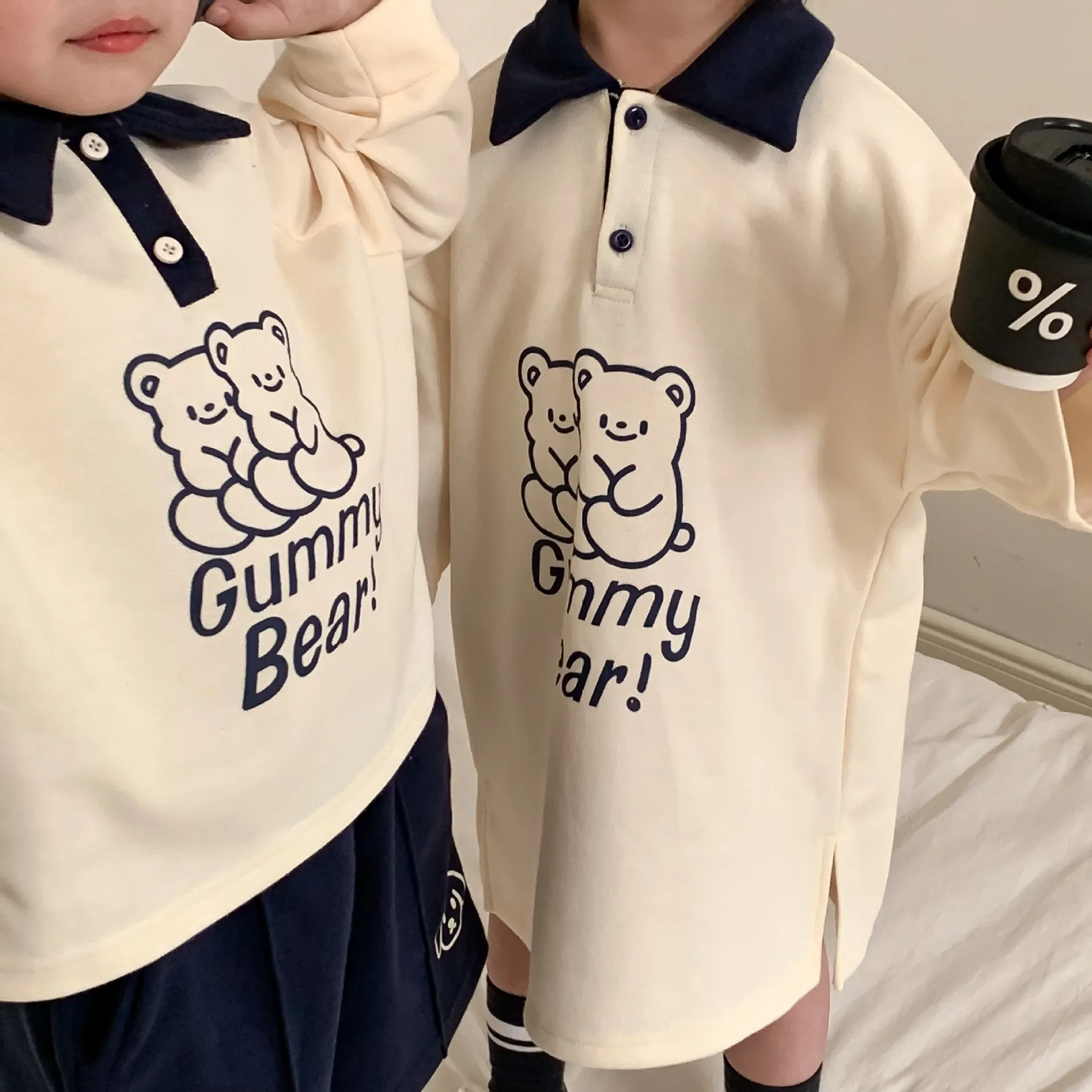 2024 New Brother Sister Costumes Boys Fashion Pullover Turn-down Collar Tops Solid Shorts Girls Cartoon Cute Dress Bear Dresses