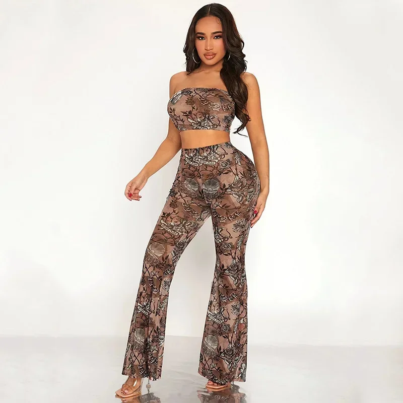 

GUWU модный принт для клубной вечеринки, женский комплект из 2 предметов, укороченный топ без бретелек и длинные брюки, комплект уличной пляжной спортивной одежды