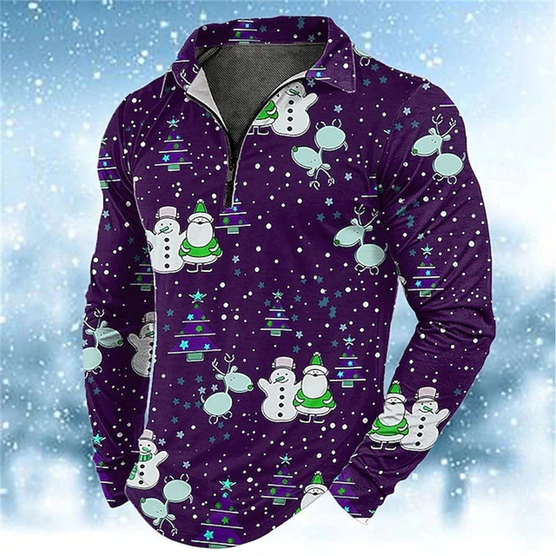 

Christmas Snowman Mens Comfortable Polo Shirt Family Gathering Casual Loose-Fit Zipper Shirt Stylish Streetwear With Personality