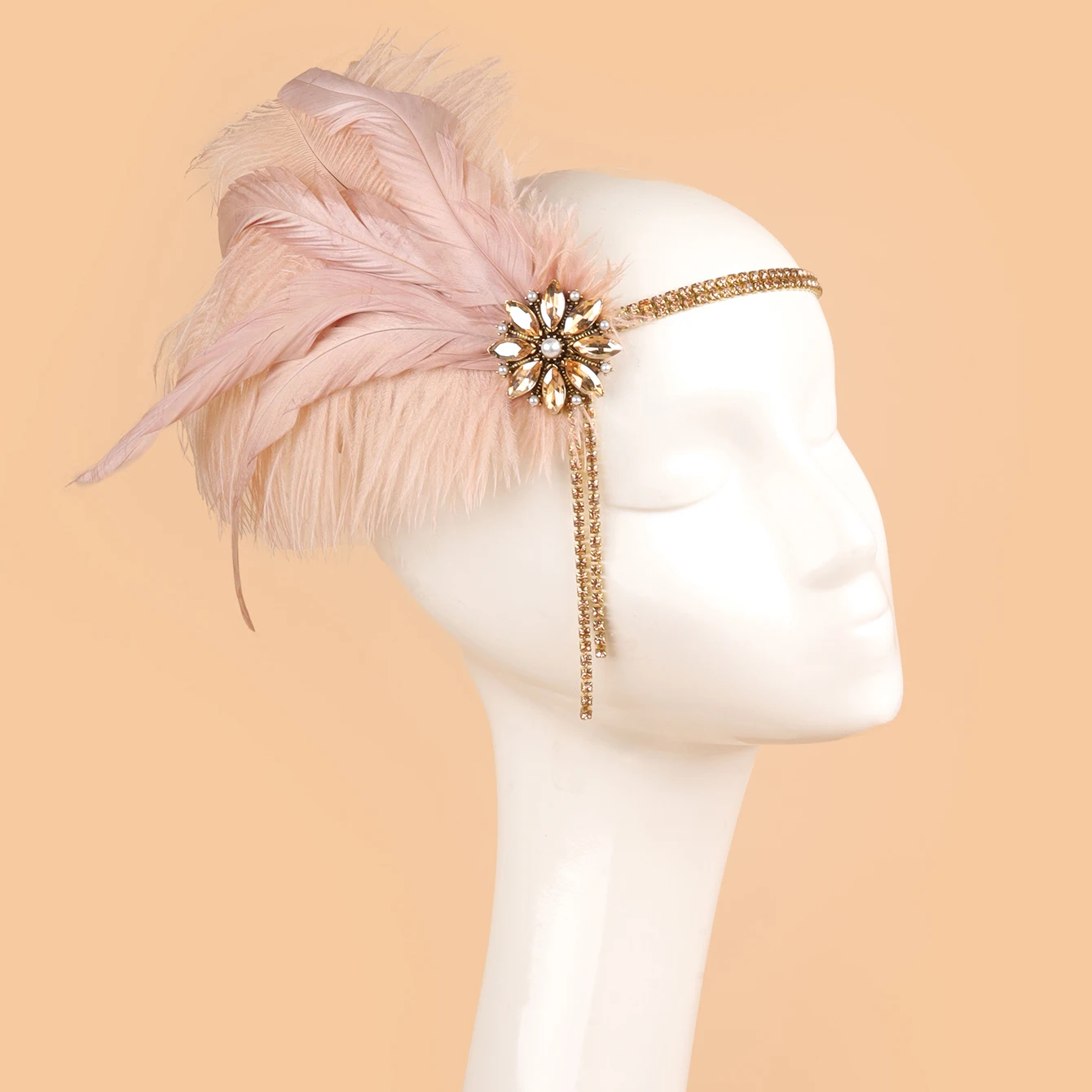 1920s Headpiece Flapper Headband, Rhinestone Pearl Feather Hair Band Great Gatsby Headpiece Accessories for Women