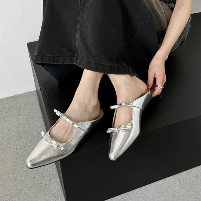 2024 New Luxury Bow Tie Mary Jane Womens Pointed Shiny PU Leather Flat Ballet Shoes Party Dress Womens Slippers Zapatillas Mujer