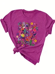 Flowers  print t-shirt, short sleeve crew neck casual top for summer & spring, women's clothing