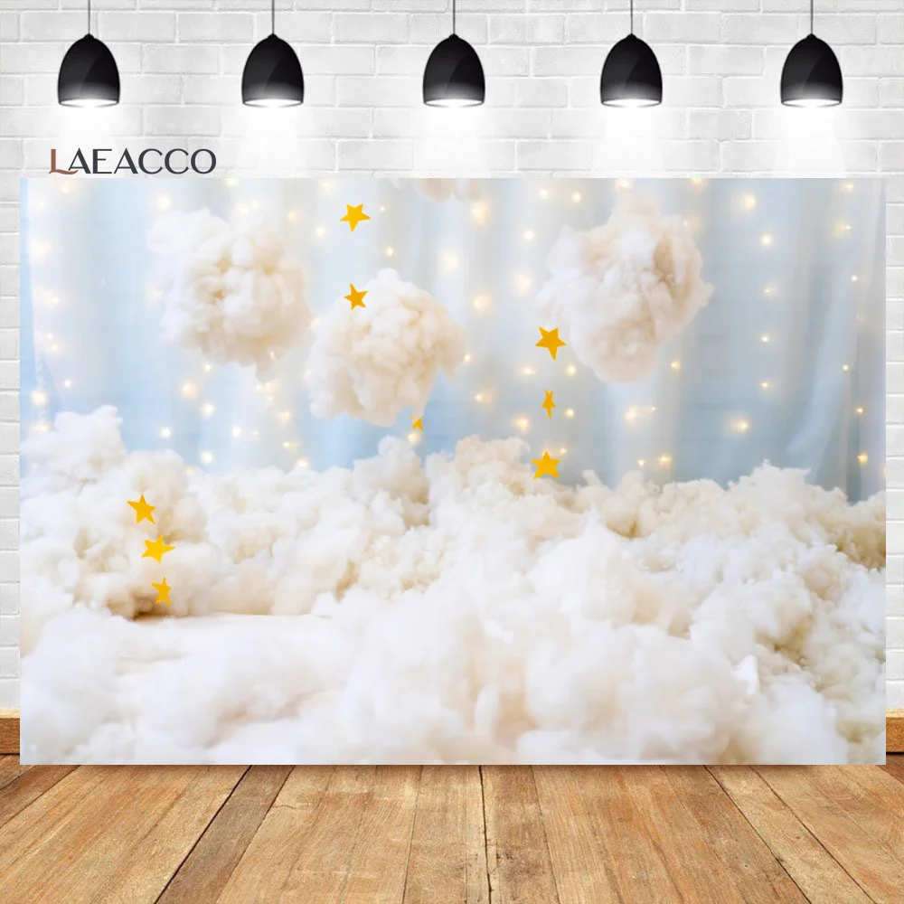 Laeacco White Clouds Newborn Photo Backdrop Blue Sky Glitter Stars Baby Shower Kids Cake Smash Portrait Photography Background