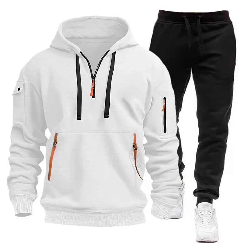 Men\'s Leisure Sports Pullover Multi Zipper Arm Pocket Hoodie Set Autumn/Winter Fashion Hoodie Hoodie Men\'s Loose Coat Pants Suit