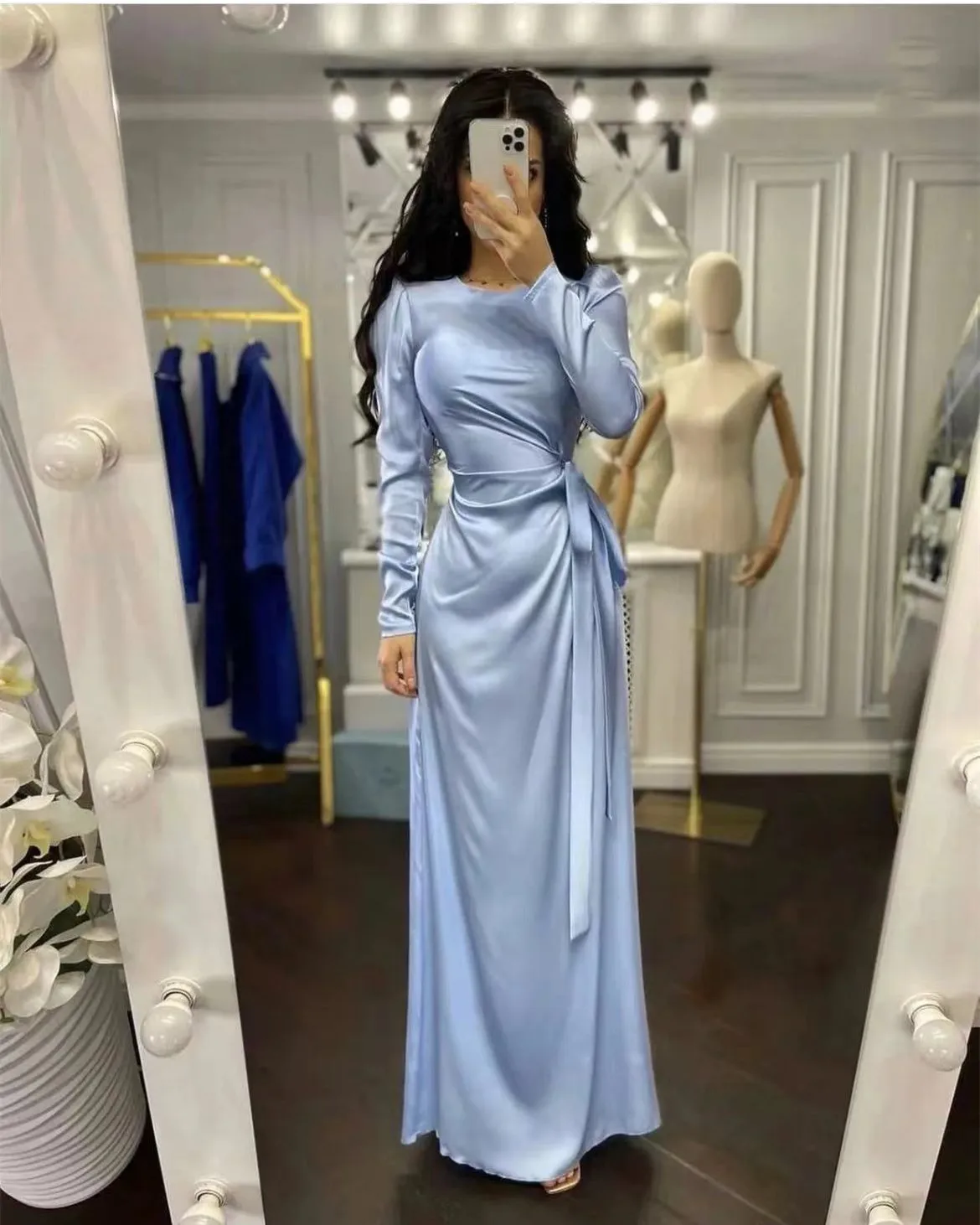 knee length dresses for ladies Red Satin Mermaid V-neck Prom Dresses With Slit, MP867 main image 1