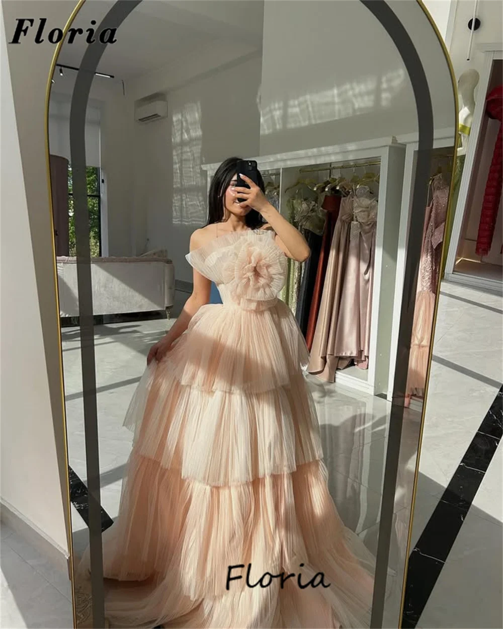 

Elegant Pink A Line Tiered Skirt Prom Dresses Flower Neck Evening Dress Vestidos De Gala Birthday Engagement Gowns Customized