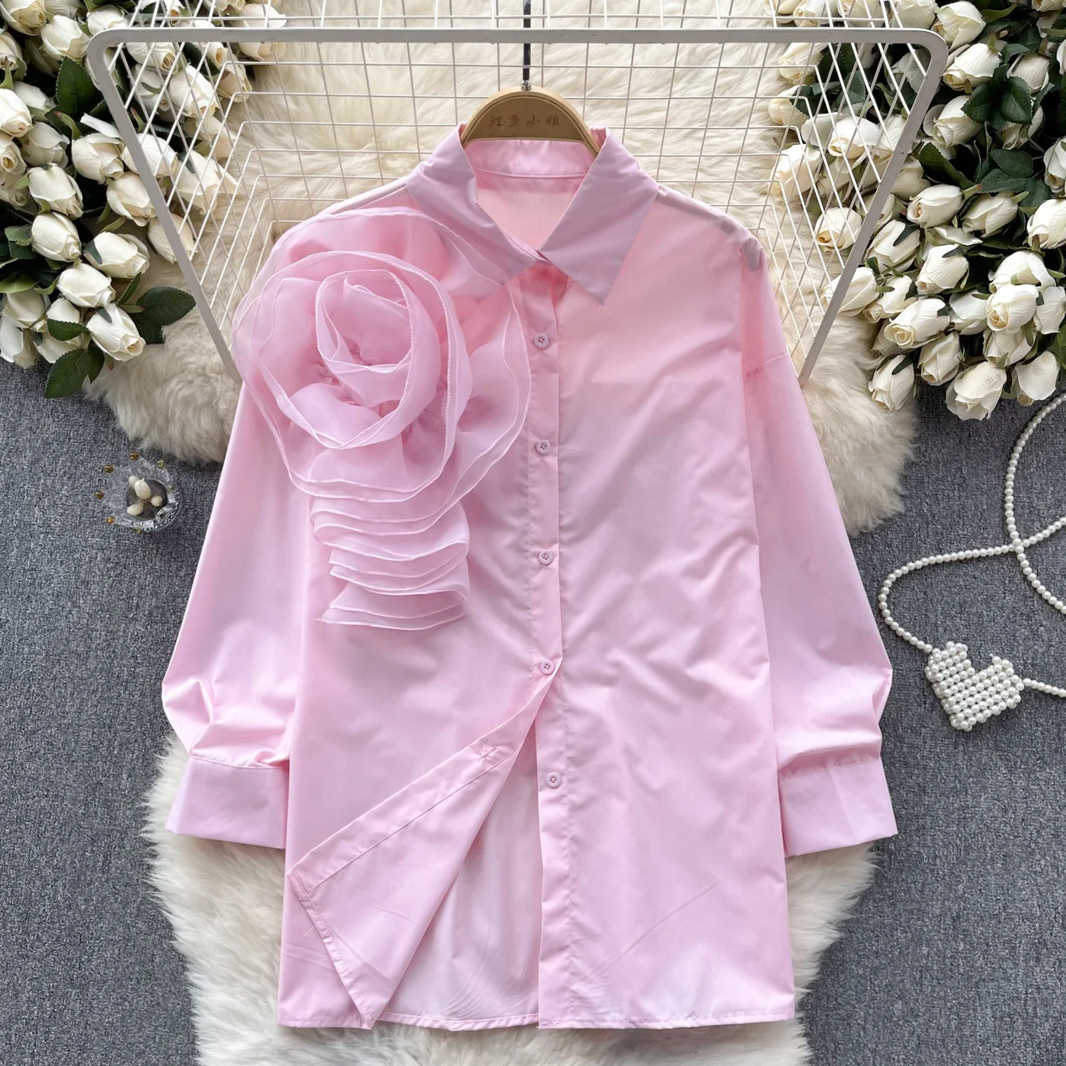 2024 Solid Summer Shirts&blouses 3D Flowers Vintage Korean Fashion Women Tops Elegant Sweet Party Blusas Mujer