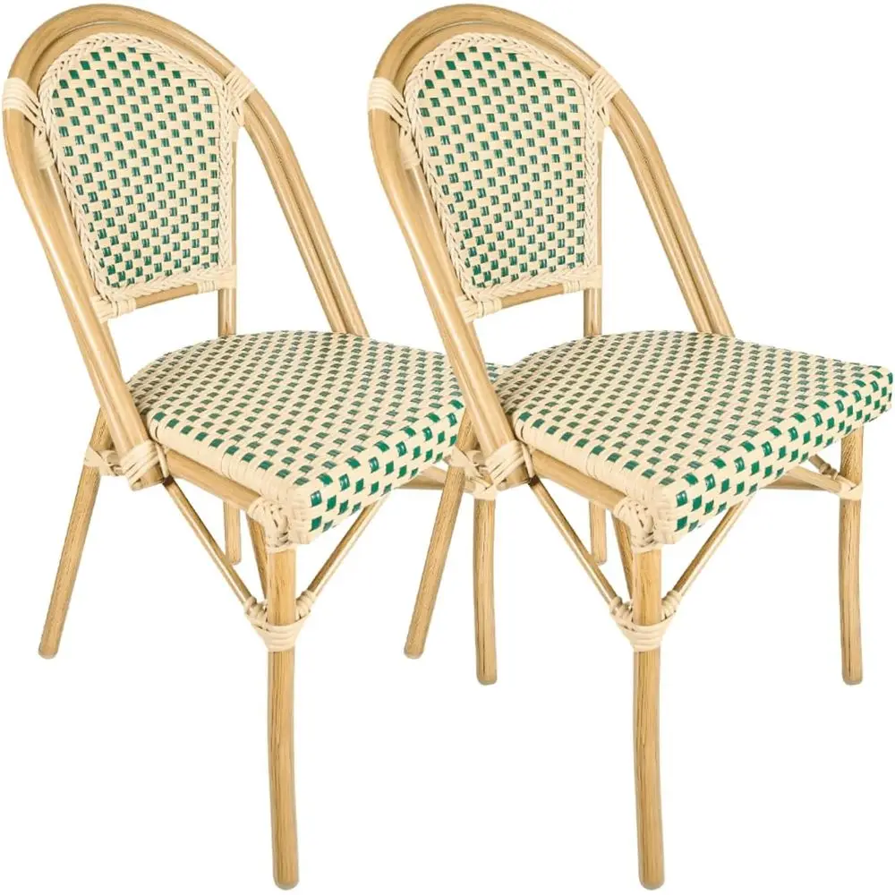 

French Bistro Patio/Indoor Dining Chair, 2 Pack, Hand Woven Wicker, Fully Assembled (2, Beige/Green)