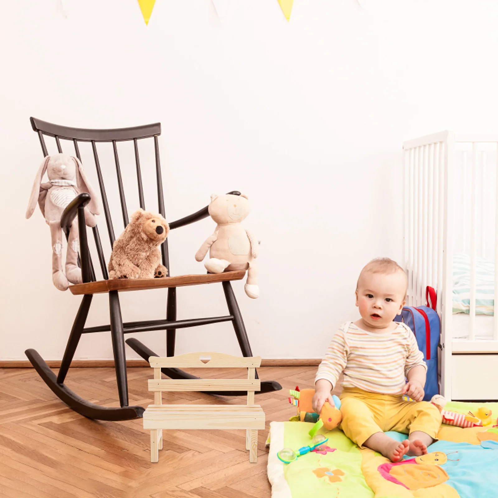 1 قطعة مقعد خشبي مصغر الصنوبر الحرفية تصميم القلب الجوف لدمية حديقة المشهد زخرفة غرفة ديكور المنزل ديكو #5