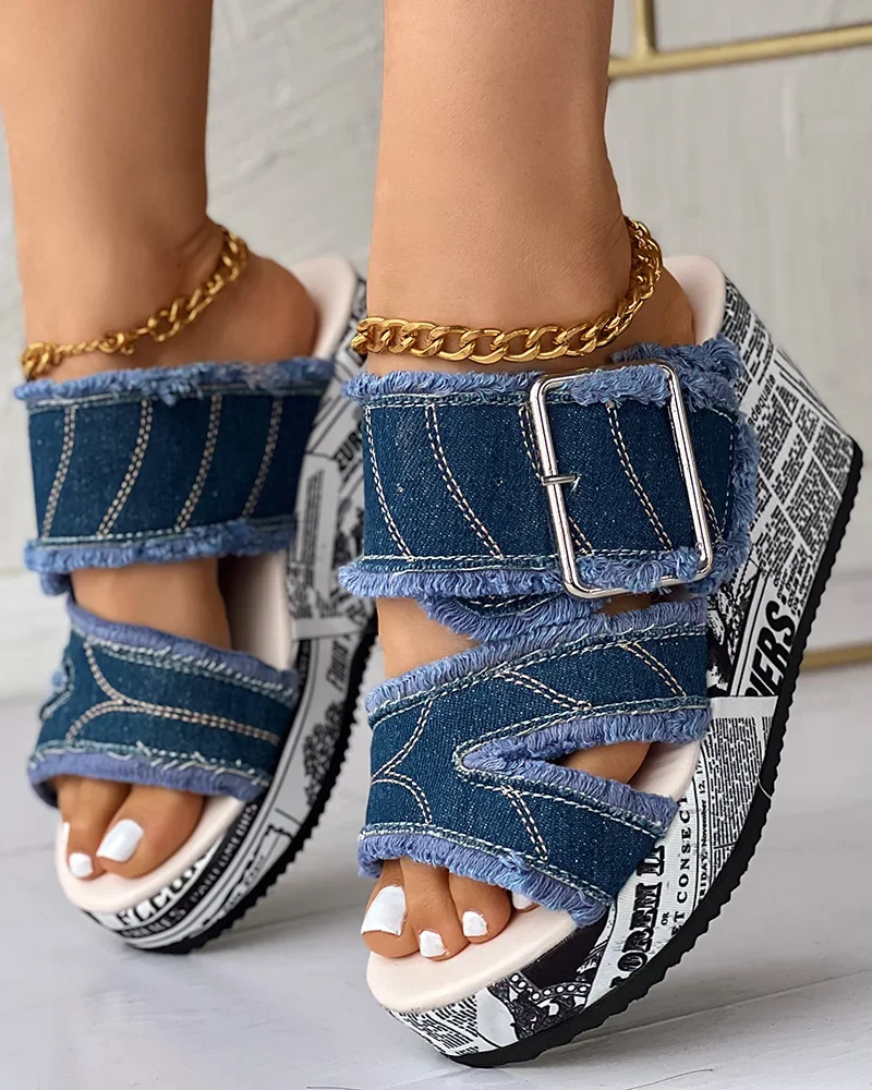 Women Shoes Casual Fashion Vacation Daily Wear Summer Newspaper Buckled Denim Wedge Slippers Sandals