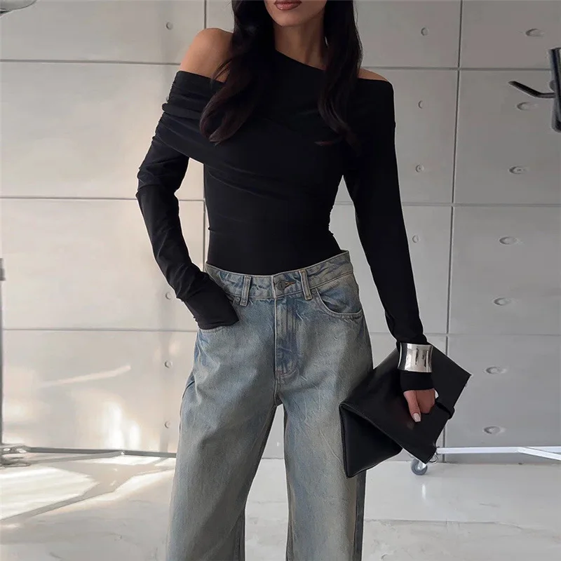 

2025 Autumn And Winter Women's Clothing Personality Irregular Slanted Shoulder Solid Color Slim T-shirt Top Plus Size 3XS-3XL