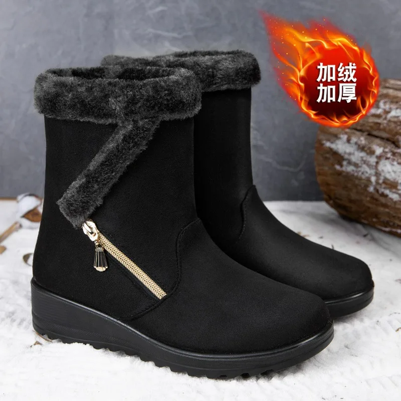 Winter Women\'s Warm Shoe Side Chain High-top Mid-tube Snow Boot Non-slip Fashion Cotton Shoes Comfort Flat Base Boots Large Size