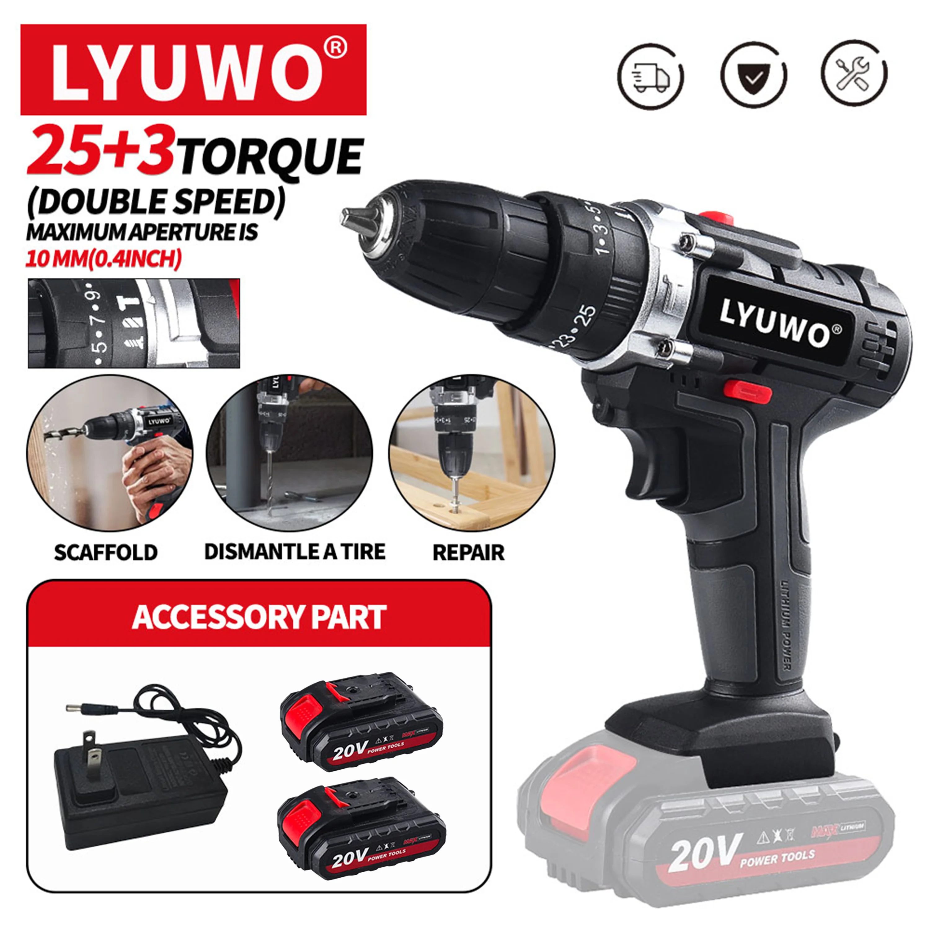 

LYUWO Cordless Handheld Drill, Household Rechargeable, Lithium Battery, Multifunctional Impact Pistol Drill, Electric Screwdrive