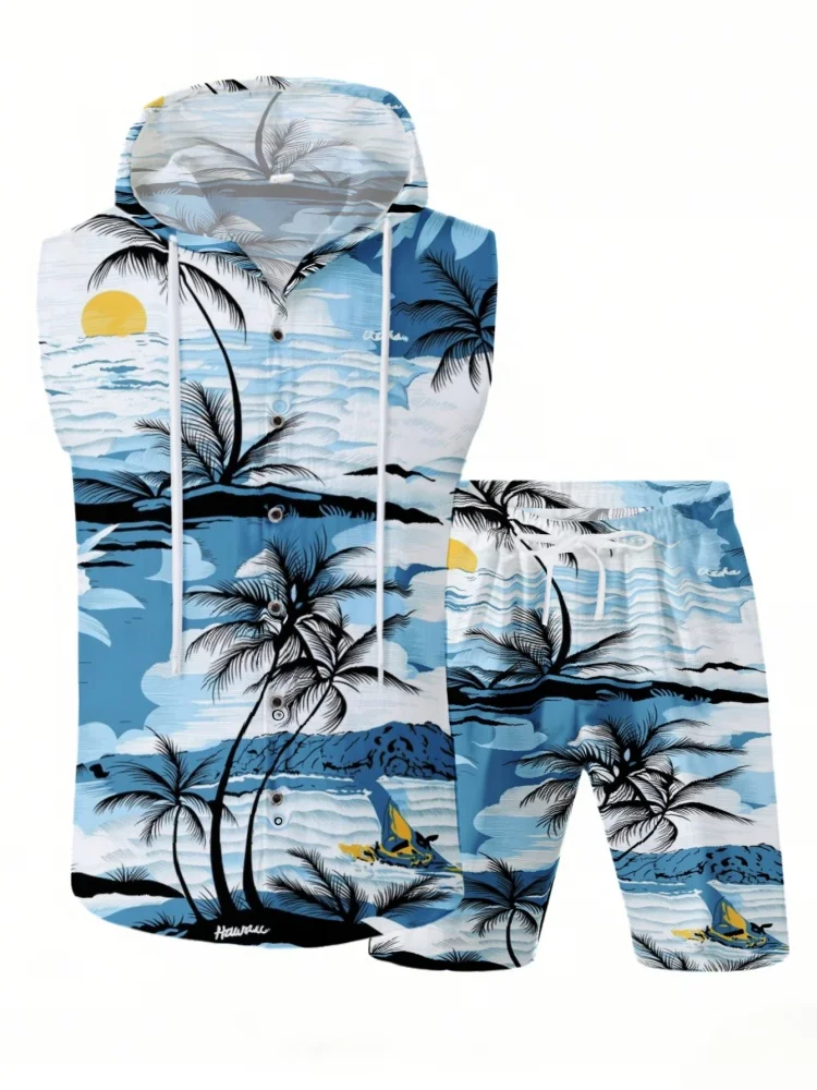 Plus Size Men's Casual Sets 2026 Summer Hawaiian Print Sleeveless Hooded Romper Button Down Playsuit for Beach and Streetwear
