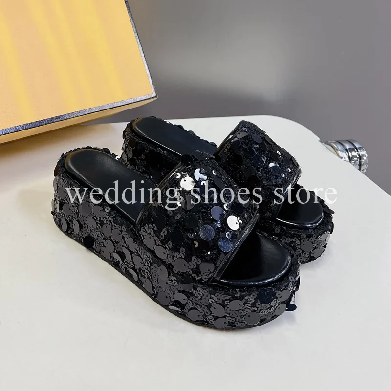 Girls Sequined Height Increasing Slippers Fashion Shoes Comfort Summer Personalized Outdoor Wedding Party Slippers Women Shoes