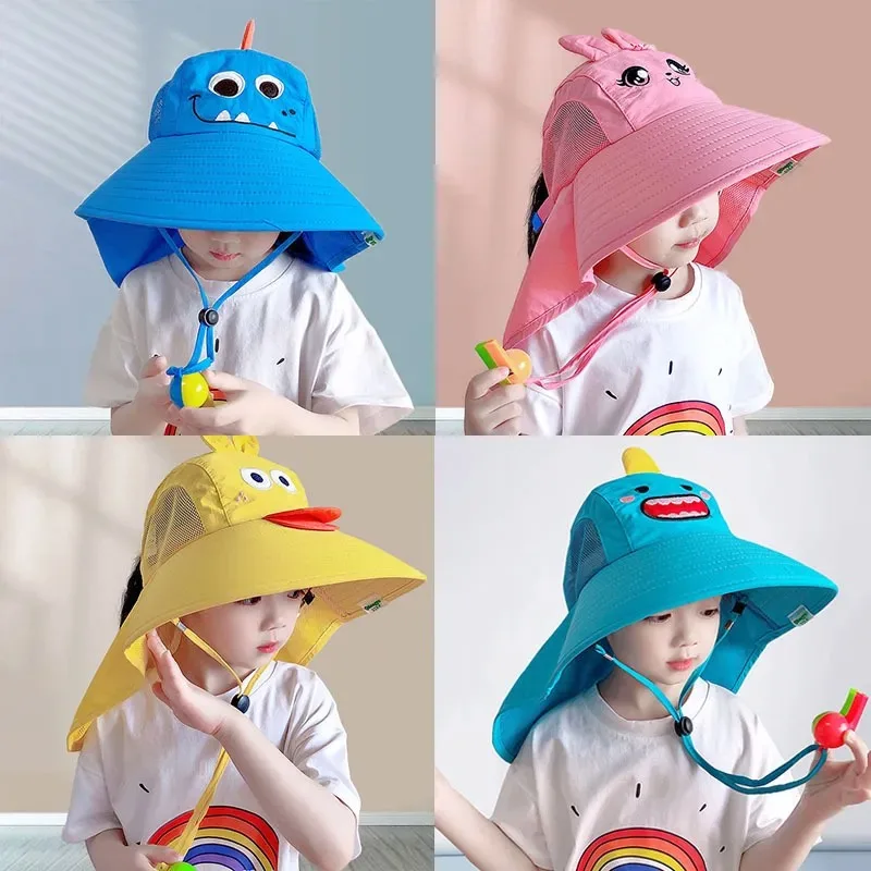 

3-10 Years Children's Outdoor Cartoon Sun Hat Sunscreen Hat Beach Summer Anti Ultraviolet Neck Protection Big Brim Bucket Hat