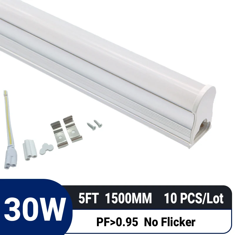 10pcs/lot 5ft 1500mm 30W T5 Integrated LED Tube|High PF 0.95|Flicker-Free|Non-Dimmable |Energy Saving|Replace Fluorescent