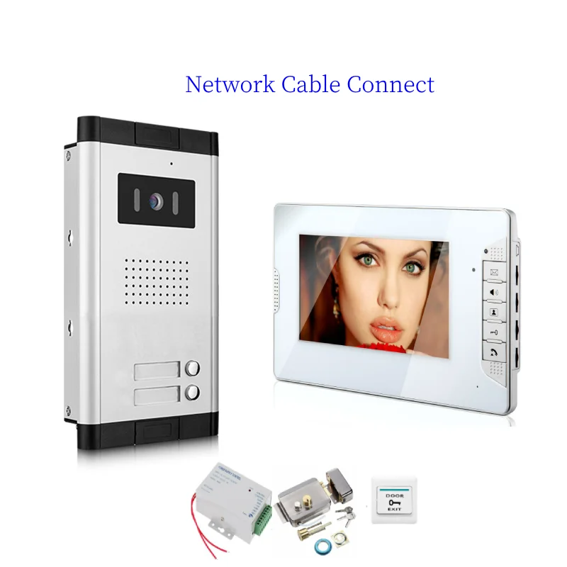 

7" Apartment Intercom Network Cable Port Connect Camera For 2 Units Rooms+Door Lock Access Kits Video Intercom System