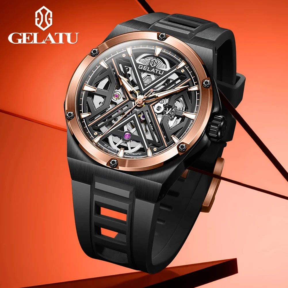 

GELATU 6006 Top Brand Mechanical Watch For Men Deep Waterproof Sapphire Mirror Hand Clock Hollow Skeleton Silicone Strap Watches