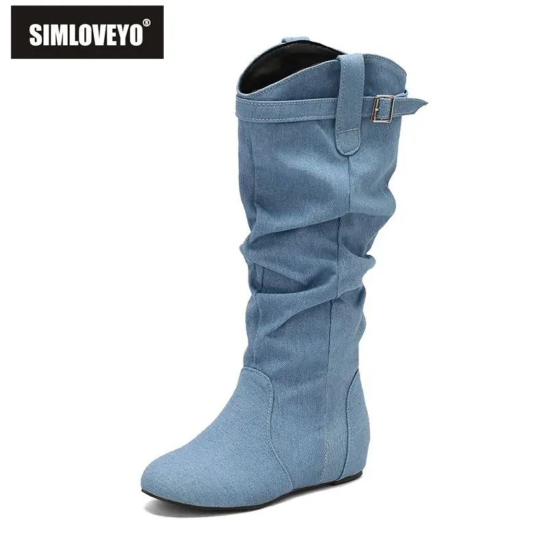 

SIMLOVEYO 2025 Relax Knee High Boots 4cm Heel Zipper Belt Buckle Large Sizes 46 47 49 50 in Riding Style US17 Brown Blue