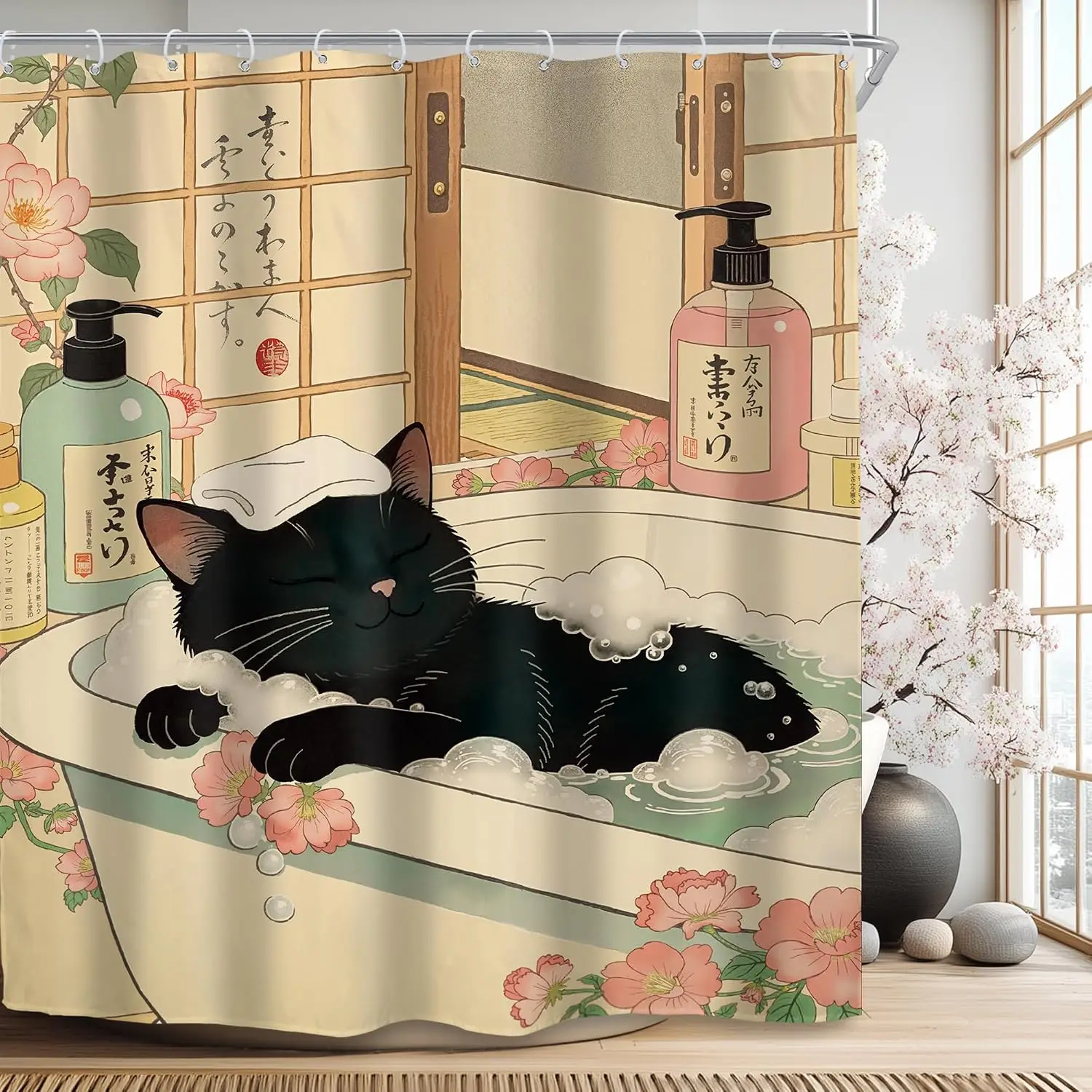 Aesthetic Cat in Tub Shower Curtain Kawaii Japanese Bath Decor Bubble Spa Bathroom Curtain Curtain Panel 180x180cm Cute Pet Desi