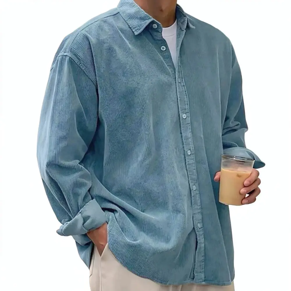 Mens Corduroy Shirt Loose Casual Long Sleeve Top Male Fashion Spring Autumn Solid Color Turn Down Collar Basic Streetwear