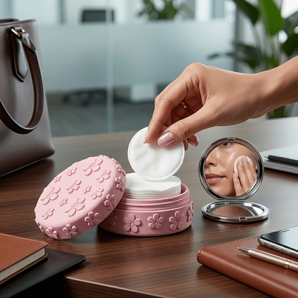 Cherry Blossom Embossed Makeup Cotton Storage Box 3D Printed Dust-Proof Resin Beauty Organizer with Lid Girly Holiday Gift