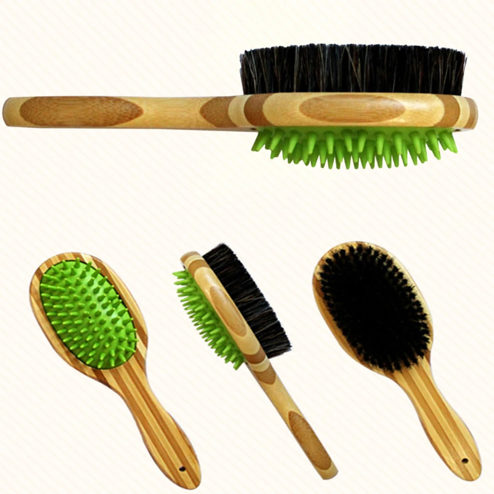

Dog Grooming Brush Double Sided Pet Comb For Bath Massage Bristle Silicone Pin Bamboo Handle Pet Supplies For Cat Dog