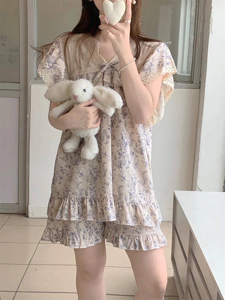 New Soft Lace Ink and wash NightDress Chinese style Short Sleeve Sweet Summer Pajama Set Women Princess Cute Casual Real price