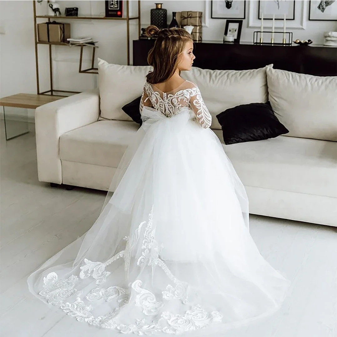 

White Kids Bridesmaid Dress for Girls Flower Long Sleeve Floral Lace Tulle A Line Gown Appqulies Wedding Even