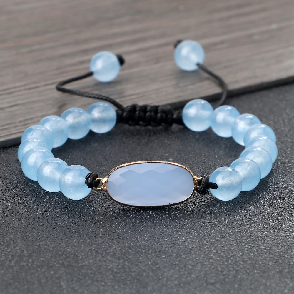 الأزياء 6 8MM الأزرق العقيق حبة سوار البيضاوي قطرة نوع حجر قلادة مضفر سوار زوجين قابل للتعديل مجوهرات هدية