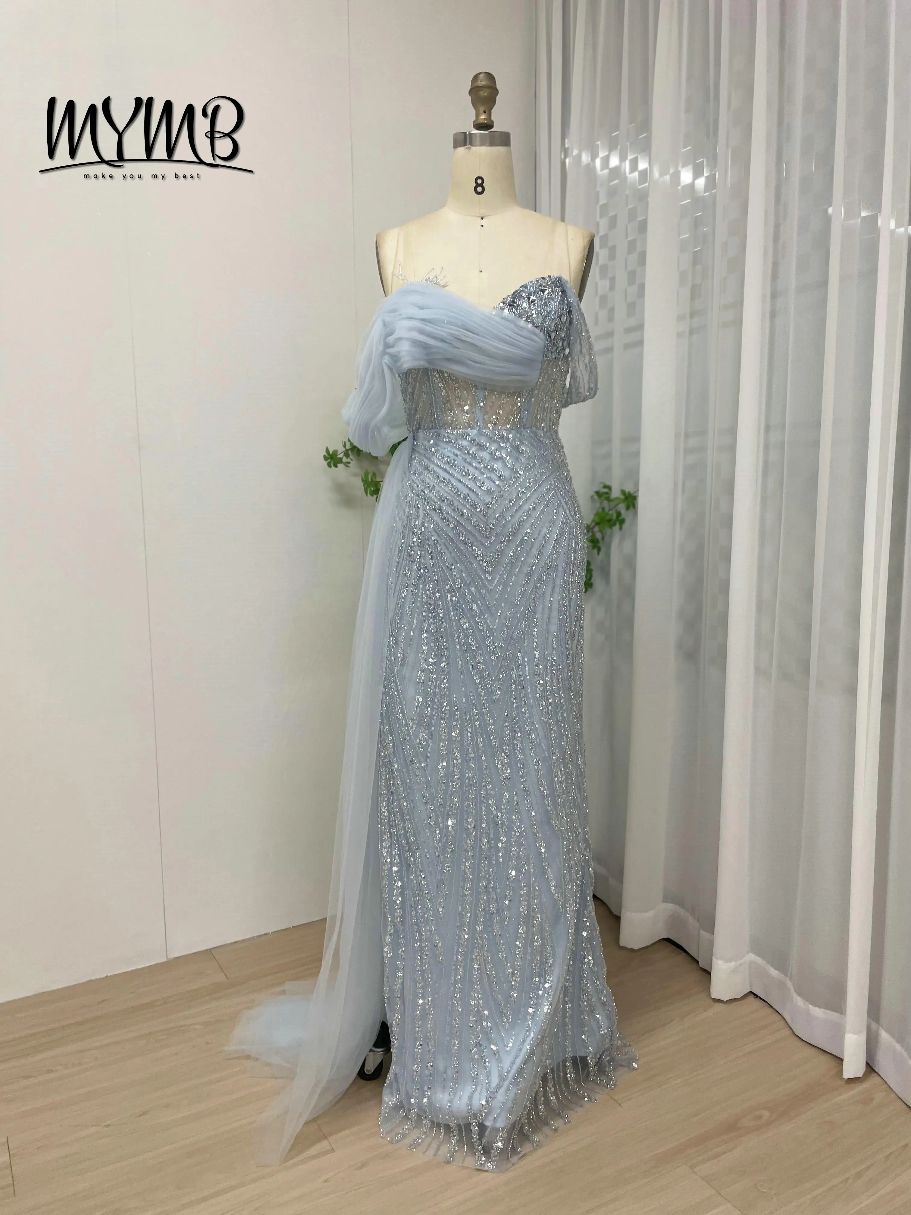 MYMB فاخر الأزرق حورية البحر عالية الشق قبالة الكتف ثوب مسائي فساتين مطرز مطرزة مأدبة رسمية ثوب MY30093