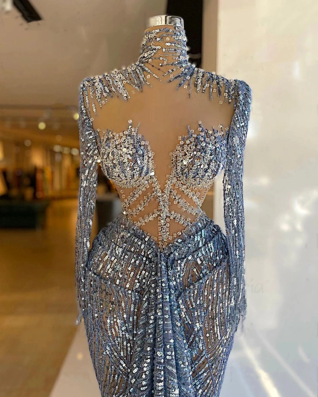 Charming Sequined Beading Mermaid Prom Dress High Collar Long Sleeves Evening Dress Custom Made  فساتين السهرة