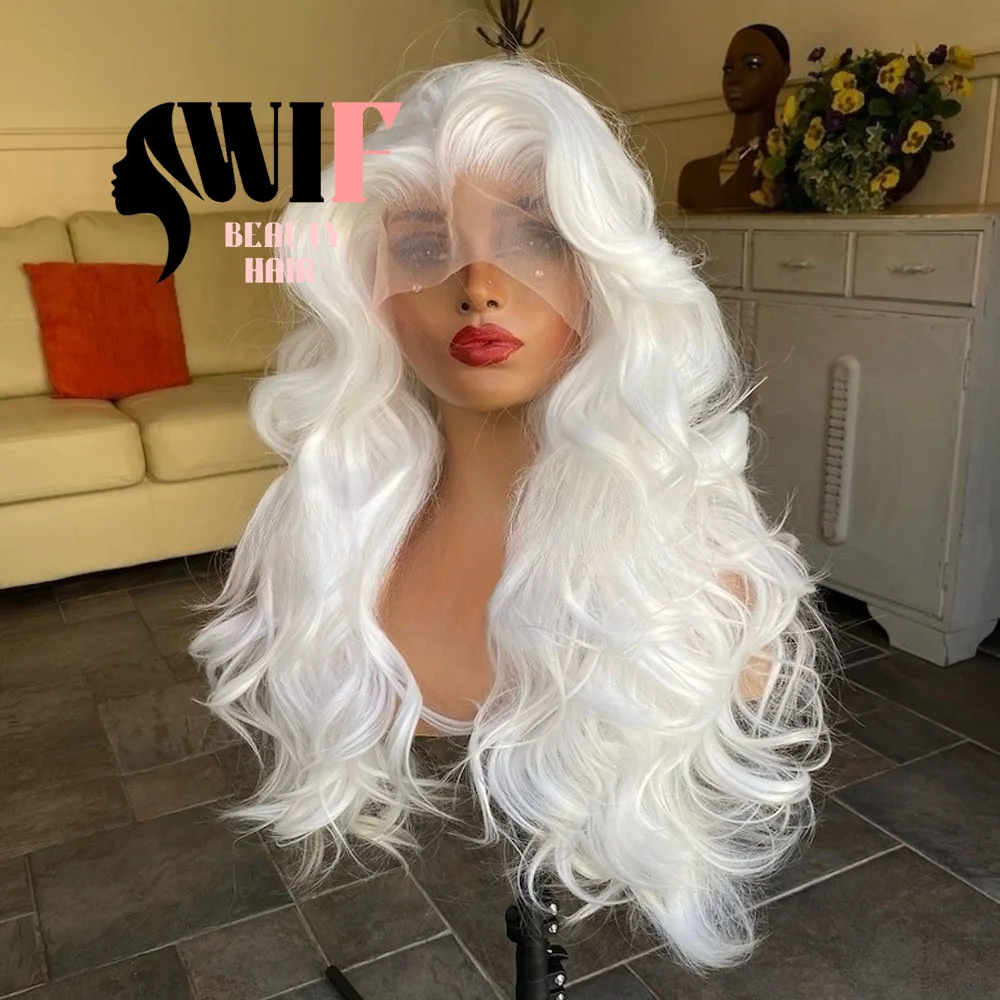 WIF White Wave Hair Synthetic Wig for Women Body Wavy Natural Hairline Heat Fiber Lace Front Wigs Cosplay Makeup Use White Wig