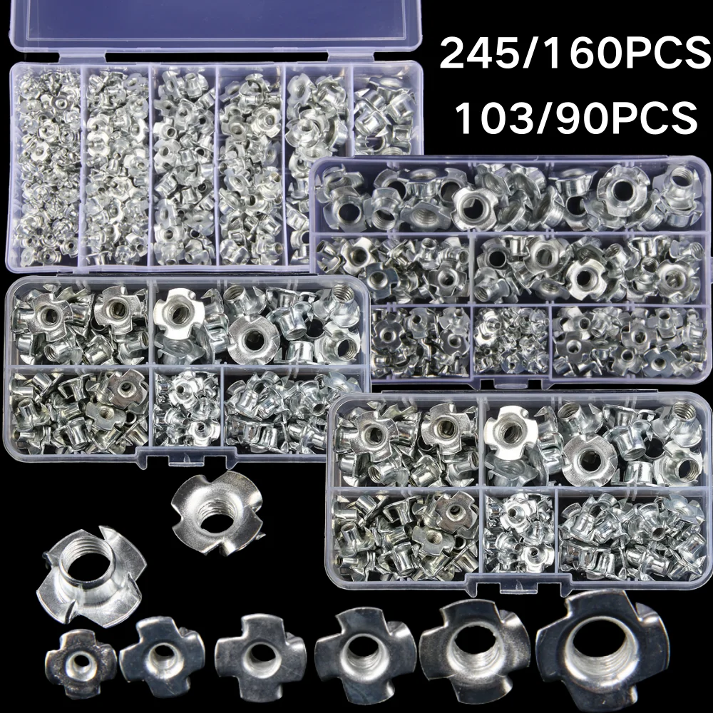 

245/160/103/90PCS Zinc Plated M3/M4/M5/M6/M8/M10 Four Claws Nut Speaker Nut T-nut Blind Pronged Tee Nut Furniture Hardware