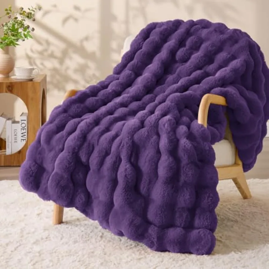 

Faux Fur Throw Blanket Soft Cozy Plush Purple Bubble Blanket for Couch Sofa Bedroom Living Room Decor - 870GSM Thick Warm Fuzzy