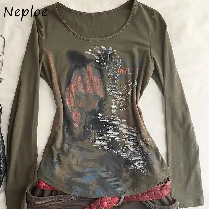 Neploe American Vintage Print Long Sleeve T-Shirt 2024 Autumn Slim Fit Versatile Y2K Streetwear E-Girls Fairycore Army Green Top