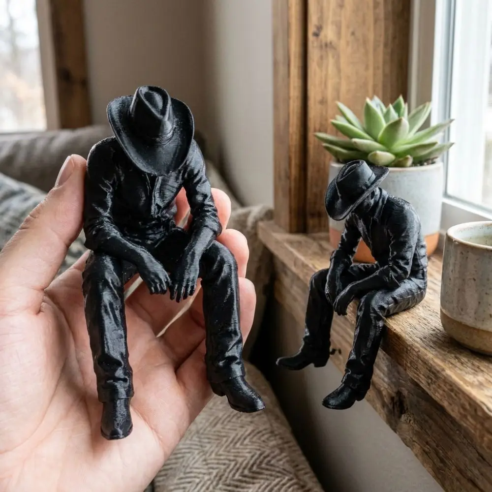 Western Style Sad Sitting Cowboy Sculpture 3D Printed Vintage Cowboy Figurine Ornament Pensive Lonely Hanging Head Cowboy Statue