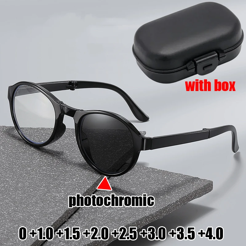 

Round Frame Color Changing Reading Glasses with Box New Style Folding Photochromic Presbyopia Sunglasses with Diopter 0 To +4.0